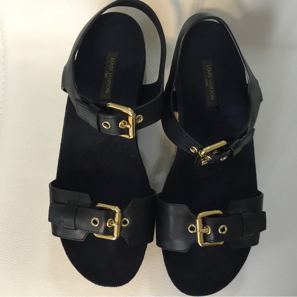 Louis Vuitton Navy Sandals with Gold Accents